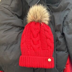 Express Red Knit Hat with Faux Fur Pom